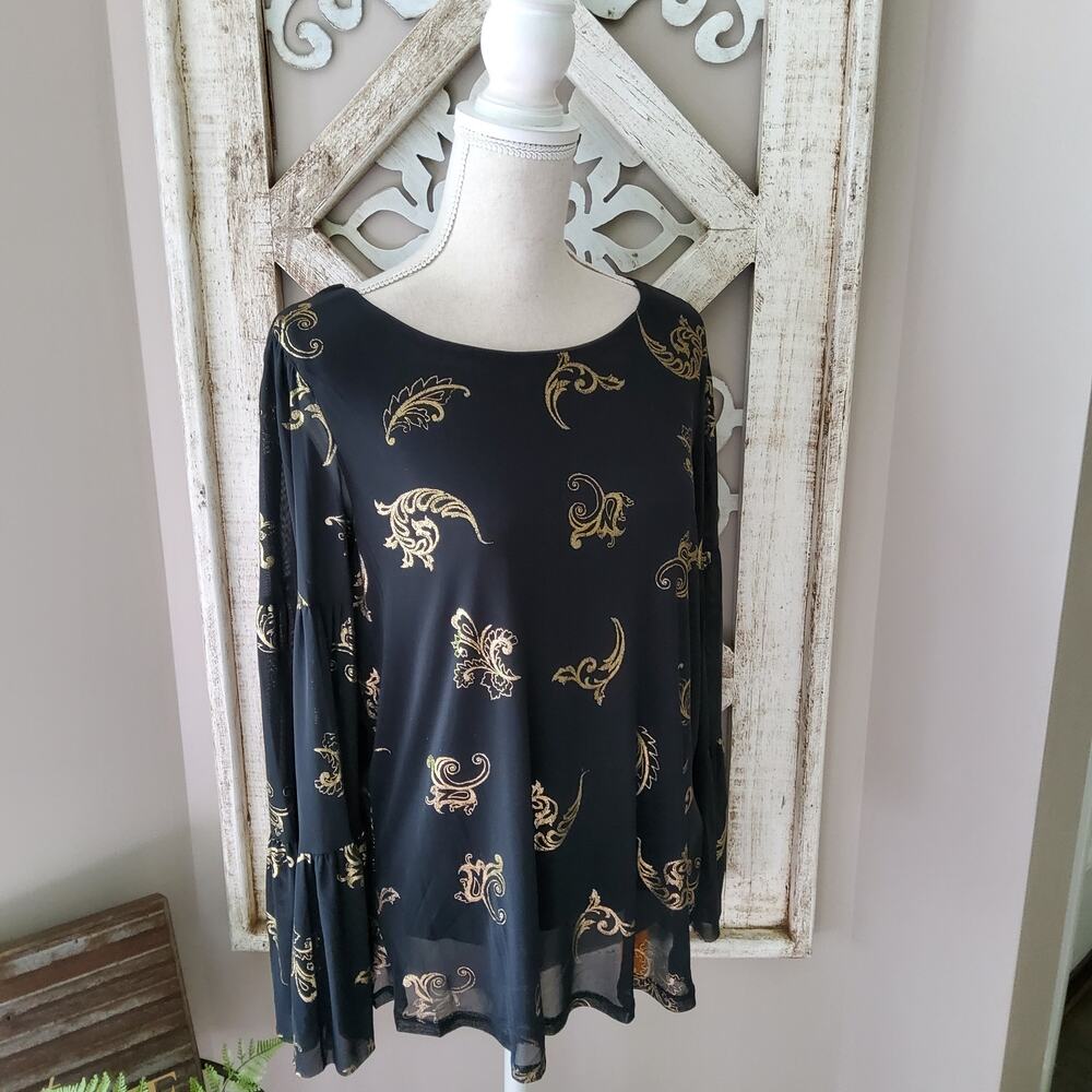 Ruby Rd Women's Scroll Foil Print Bell Sleeve Mesh Blouse Top in Black & Gold